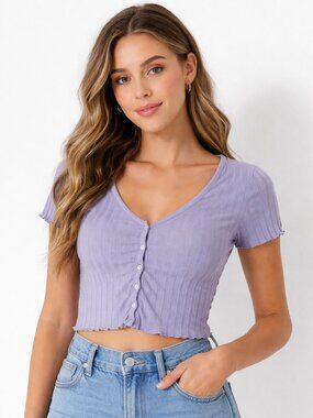 SHEIN Button-Up Rib-Knit Crop Top Lilac Purple Short Sleeve Wmen's 6